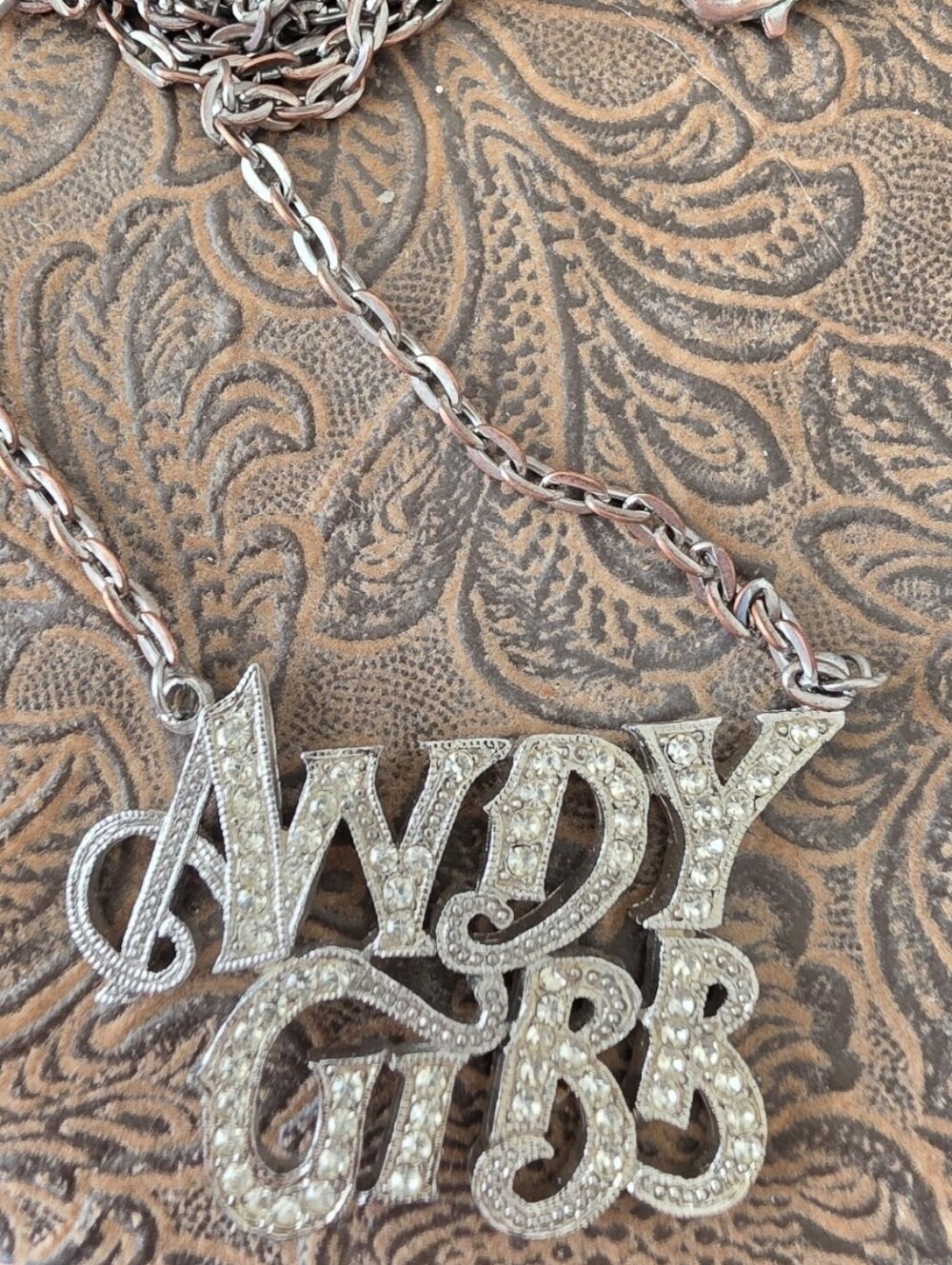 Vintage 1970's Silver Andy Gibb Pave Nameplate Pendant Collectible Necklace